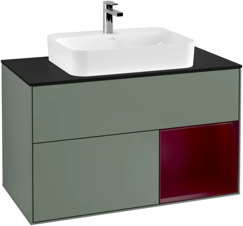 Bild von VILLEROY BOCH Finion Waschbeckenunterschrank, mit Beleuchtung, 2 Auszüge, 1000 x 603 x 501 mm, Olive Matt Lacquer / Peony Matt Lacquer / Glass Black Matt #F372HBGM