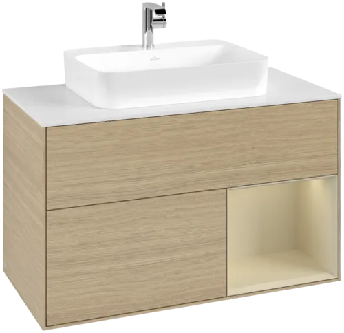 Bild von VILLEROY BOCH Finion Waschbeckenunterschrank, mit Beleuchtung, 2 Auszüge, 1000 x 603 x 501 mm, Oak Veneer / Silk Grey Matt Lacquer / Glass White Matt #F371HJPC