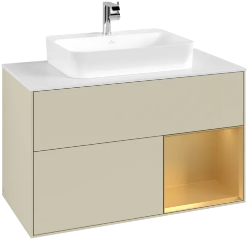 Bild von VILLEROY BOCH Finion Waschbeckenunterschrank, mit Beleuchtung, 2 Auszüge, 1000 x 603 x 501 mm, Silk Grey Matt Lacquer / Gold Matt Lacquer / Glass White Matt #F371HFHJ