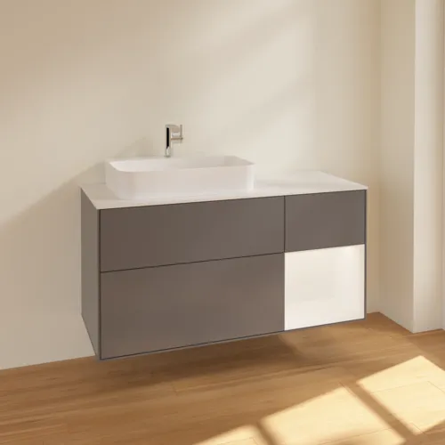 Bild von VILLEROY BOCH Finion Waschbeckenunterschrank, mit Beleuchtung, 3 Auszüge, 1200 x 603 x 501 mm, Anthracite Matt Lacquer / White Matt Lacquer / Glass White Matt #F401MTGK