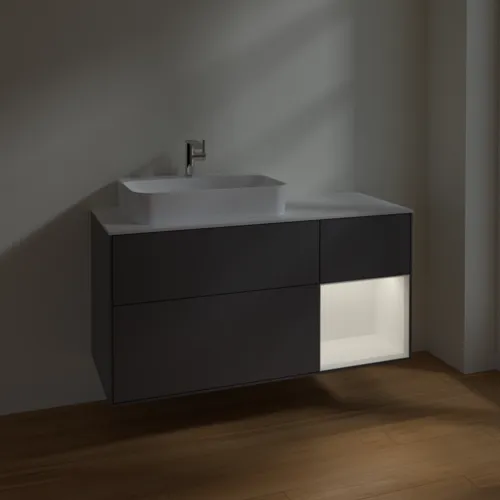 Bild von VILLEROY BOCH Finion Waschbeckenunterschrank, mit Beleuchtung, 3 Auszüge, 1200 x 603 x 501 mm, Anthracite Matt Lacquer / White Matt Lacquer / Glass White Matt #F401MTGK
