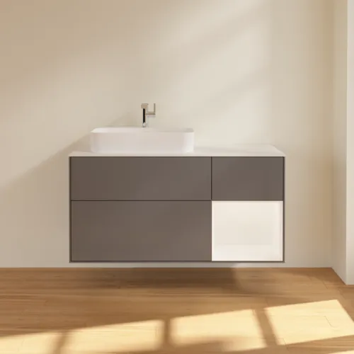 Bild von VILLEROY BOCH Finion Waschbeckenunterschrank, mit Beleuchtung, 3 Auszüge, 1200 x 603 x 501 mm, Anthracite Matt Lacquer / White Matt Lacquer / Glass White Matt #F401MTGK