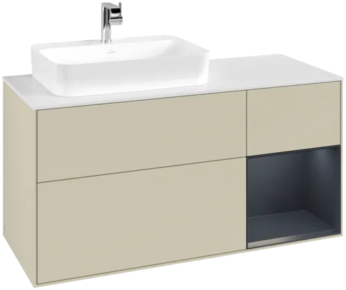 Bild von VILLEROY BOCH Finion Waschbeckenunterschrank, mit Beleuchtung, 3 Auszüge, 1200 x 603 x 501 mm, Silk Grey Matt Lacquer / Midnight Blue Matt Lacquer / Glass White Matt #F401HGHJ