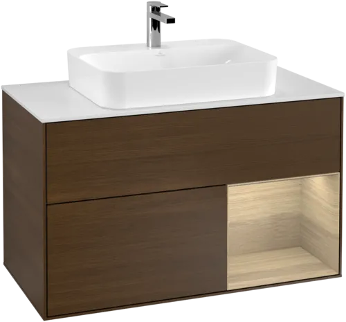 Bild von VILLEROY BOCH Finion Waschbeckenunterschrank, mit Beleuchtung, 2 Auszüge, 1000 x 603 x 501 mm, Walnut Veneer / Oak Veneer / Glass White Matt #F371PCGN