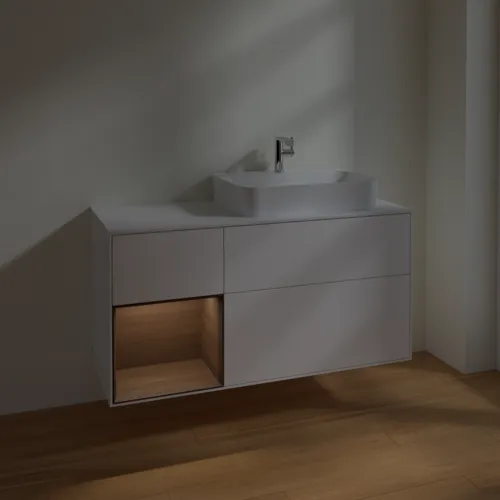 Bild von VILLEROY BOCH Finion Waschbeckenunterschrank, mit Beleuchtung, 3 Auszüge, 1200 x 603 x 501 mm, White Matt Lacquer / Walnut Veneer / Glass White Matt #F391GNMT