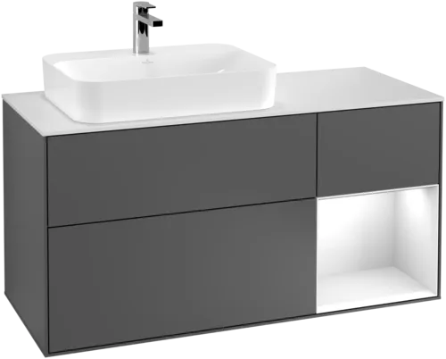 Obrázek VILLEROY BOCH Toaletní skříňka Finion, s osvětlením, 3 výsuvy, 1200 x 603 x 501 mm, antracit matný lak / lesklý bílý lak / sklo bílé matné #F401GFGK