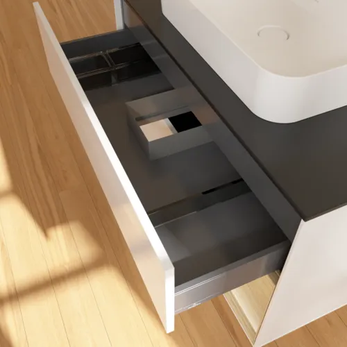 Bild von VILLEROY BOCH Finion Waschbeckenunterschrank, mit Beleuchtung, 2 Auszüge, 1000 x 603 x 501 mm, Glossy White Lacquer / Oak Veneer / Glass Black Matt #F372PCGF