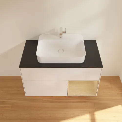 Bild von VILLEROY BOCH Finion Waschbeckenunterschrank, mit Beleuchtung, 2 Auszüge, 1000 x 603 x 501 mm, Glossy White Lacquer / Oak Veneer / Glass Black Matt #F372PCGF