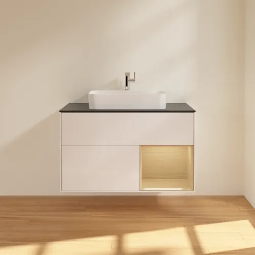 Bild von VILLEROY BOCH Finion Waschbeckenunterschrank, mit Beleuchtung, 2 Auszüge, 1000 x 603 x 501 mm, Glossy White Lacquer / Oak Veneer / Glass Black Matt #F372PCGF