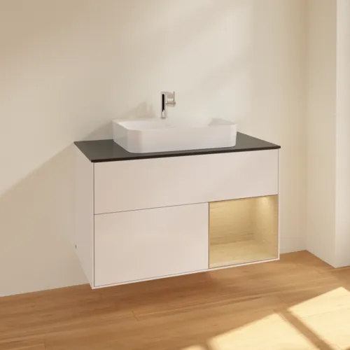 Bild von VILLEROY BOCH Finion Waschbeckenunterschrank, mit Beleuchtung, 2 Auszüge, 1000 x 603 x 501 mm, Glossy White Lacquer / Oak Veneer / Glass Black Matt #F372PCGF
