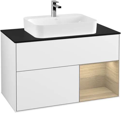 Bild von VILLEROY BOCH Finion Waschbeckenunterschrank, mit Beleuchtung, 2 Auszüge, 1000 x 603 x 501 mm, Glossy White Lacquer / Oak Veneer / Glass Black Matt #F372PCGF