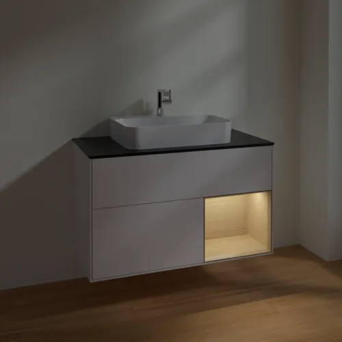 Bild von VILLEROY BOCH Finion Waschbeckenunterschrank, mit Beleuchtung, 2 Auszüge, 1000 x 603 x 501 mm, Glossy White Lacquer / Oak Veneer / Glass Black Matt #F372PCGF