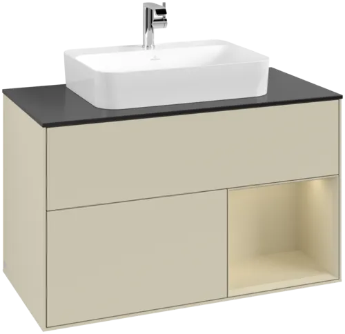 Obrázek VILLEROY BOCH Toaletní skříňka Finion, s osvětlením, 2 výsuvy, 1000 x 603 x 501 mm, Silk Grey Matt Lacquer / Silk Grey Matt Lacquer / Glass Black Matt #F372HJHJ