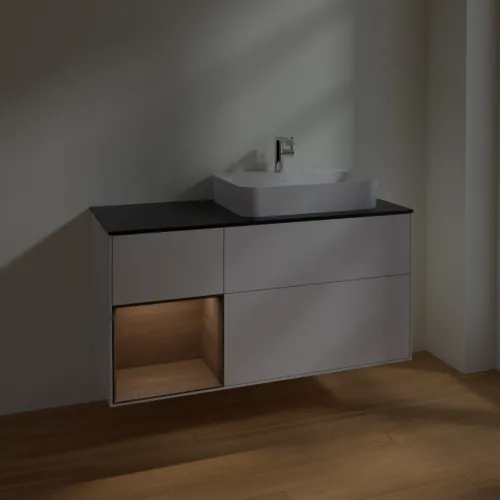Bild von VILLEROY BOCH Finion Waschbeckenunterschrank, mit Beleuchtung, 3 Auszüge, 1200 x 603 x 501 mm, Glossy White Lacquer / Walnut Veneer / Glass Black Matt #F392GNGF