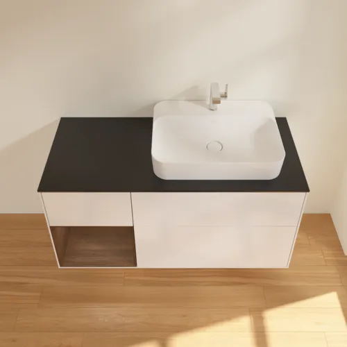 Bild von VILLEROY BOCH Finion Waschbeckenunterschrank, mit Beleuchtung, 3 Auszüge, 1200 x 603 x 501 mm, Glossy White Lacquer / Walnut Veneer / Glass Black Matt #F392GNGF