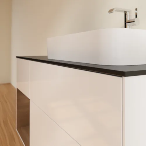 Bild von VILLEROY BOCH Finion Waschbeckenunterschrank, mit Beleuchtung, 3 Auszüge, 1200 x 603 x 501 mm, Glossy White Lacquer / Walnut Veneer / Glass Black Matt #F392GNGF