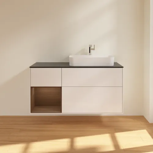 Bild von VILLEROY BOCH Finion Waschbeckenunterschrank, mit Beleuchtung, 3 Auszüge, 1200 x 603 x 501 mm, Glossy White Lacquer / Walnut Veneer / Glass Black Matt #F392GNGF
