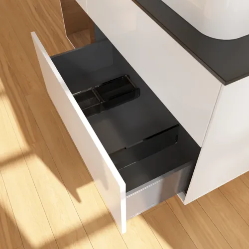 Bild von VILLEROY BOCH Finion Waschbeckenunterschrank, mit Beleuchtung, 3 Auszüge, 1200 x 603 x 501 mm, Glossy White Lacquer / Walnut Veneer / Glass Black Matt #F392GNGF