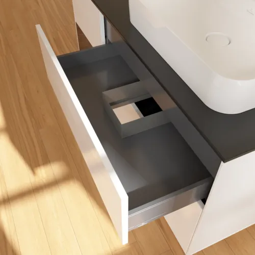 Bild von VILLEROY BOCH Finion Waschbeckenunterschrank, mit Beleuchtung, 3 Auszüge, 1200 x 603 x 501 mm, Glossy White Lacquer / Walnut Veneer / Glass Black Matt #F392GNGF