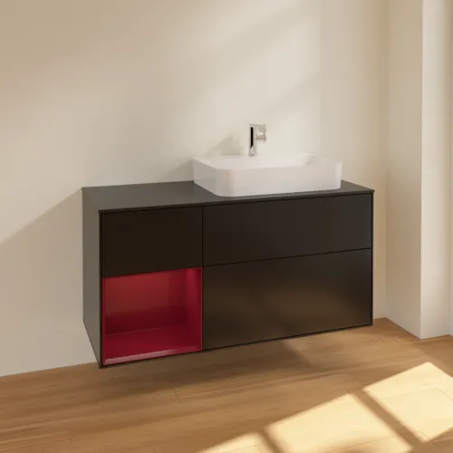 Bild von VILLEROY BOCH Finion Waschbeckenunterschrank, mit Beleuchtung, 3 Auszüge, 1200 x 603 x 501 mm, Black Matt Lacquer / Peony Matt Lacquer / Glass Black Matt #F392HBPD