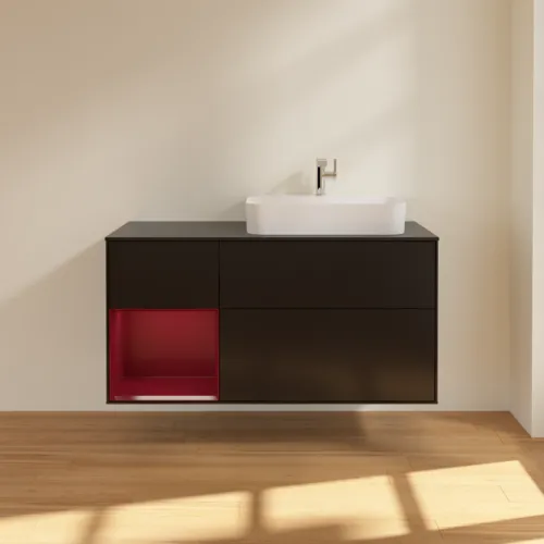Bild von VILLEROY BOCH Finion Waschbeckenunterschrank, mit Beleuchtung, 3 Auszüge, 1200 x 603 x 501 mm, Black Matt Lacquer / Peony Matt Lacquer / Glass Black Matt #F392HBPD