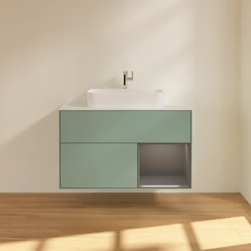 Bild von VILLEROY BOCH Finion Waschbeckenunterschrank, mit Beleuchtung, 2 Auszüge, 1000 x 603 x 501 mm, Olive Matt Lacquer / Anthracite Matt Lacquer / Glass White Matt #F371GKGM