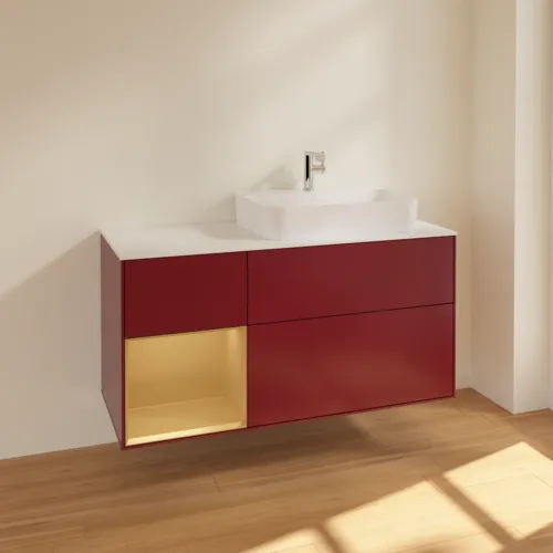 Bild von VILLEROY BOCH Finion Waschbeckenunterschrank, mit Beleuchtung, 3 Auszüge, 1200 x 603 x 501 mm, Peony Matt Lacquer / Gold Matt Lacquer / Glass White Matt #F391HFHB