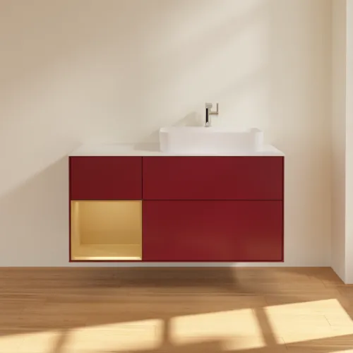 Bild von VILLEROY BOCH Finion Waschbeckenunterschrank, mit Beleuchtung, 3 Auszüge, 1200 x 603 x 501 mm, Peony Matt Lacquer / Gold Matt Lacquer / Glass White Matt #F391HFHB