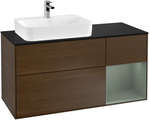 Bild von VILLEROY BOCH Finion Waschbeckenunterschrank, mit Beleuchtung, 3 Auszüge, 1200 x 603 x 501 mm, Walnut Veneer / Olive Matt Lacquer / Glass Black Matt #F402GMGN