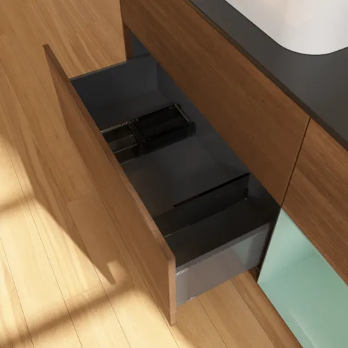 Bild von VILLEROY BOCH Finion Waschbeckenunterschrank, mit Beleuchtung, 3 Auszüge, 1200 x 603 x 501 mm, Walnut Veneer / Olive Matt Lacquer / Glass Black Matt #F402GMGN