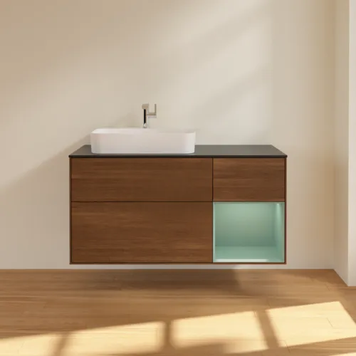 Bild von VILLEROY BOCH Finion Waschbeckenunterschrank, mit Beleuchtung, 3 Auszüge, 1200 x 603 x 501 mm, Walnut Veneer / Olive Matt Lacquer / Glass Black Matt #F402GMGN