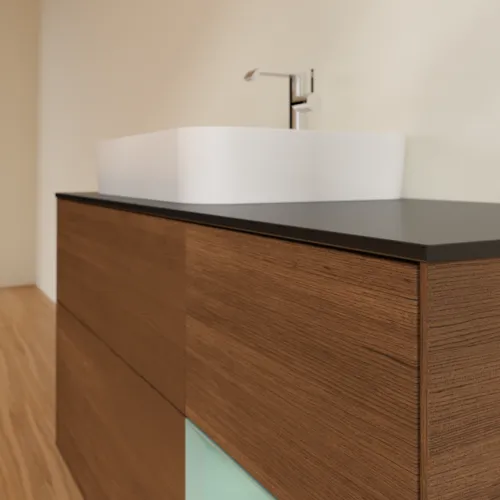 Bild von VILLEROY BOCH Finion Waschbeckenunterschrank, mit Beleuchtung, 3 Auszüge, 1200 x 603 x 501 mm, Walnut Veneer / Olive Matt Lacquer / Glass Black Matt #F402GMGN