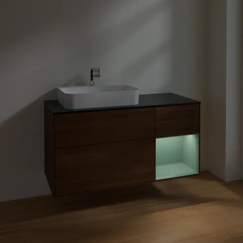 Bild von VILLEROY BOCH Finion Waschbeckenunterschrank, mit Beleuchtung, 3 Auszüge, 1200 x 603 x 501 mm, Walnut Veneer / Olive Matt Lacquer / Glass Black Matt #F402GMGN
