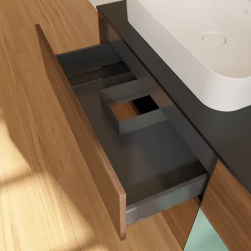 Bild von VILLEROY BOCH Finion Waschbeckenunterschrank, mit Beleuchtung, 3 Auszüge, 1200 x 603 x 501 mm, Walnut Veneer / Olive Matt Lacquer / Glass Black Matt #F402GMGN