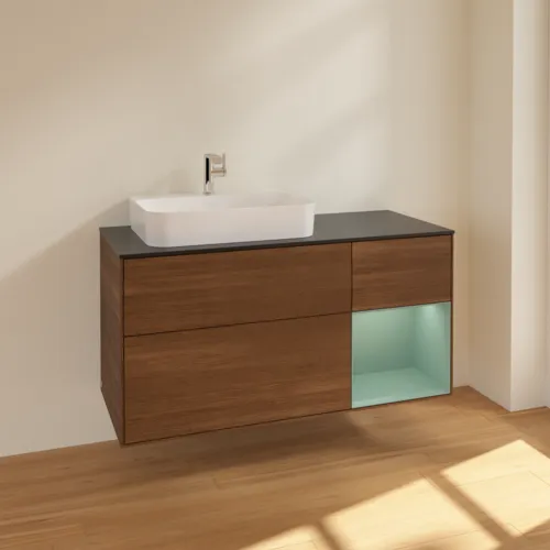 Bild von VILLEROY BOCH Finion Waschbeckenunterschrank, mit Beleuchtung, 3 Auszüge, 1200 x 603 x 501 mm, Walnut Veneer / Olive Matt Lacquer / Glass Black Matt #F402GMGN