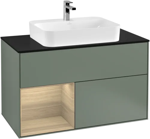 Obrázek VILLEROY BOCH Toaletní skříňka Finion, s osvětlením, 2 výsuvy, 1000 x 603 x 501 mm, olivový matný lak / dubová dýha / sklo černé matné #F362PCGM