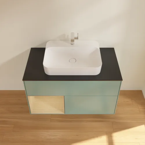 Bild von VILLEROY BOCH Finion Waschbeckenunterschrank, mit Beleuchtung, 2 Auszüge, 1000 x 603 x 501 mm, Olive Matt Lacquer / Oak Veneer / Glass Black Matt #F362PCGM