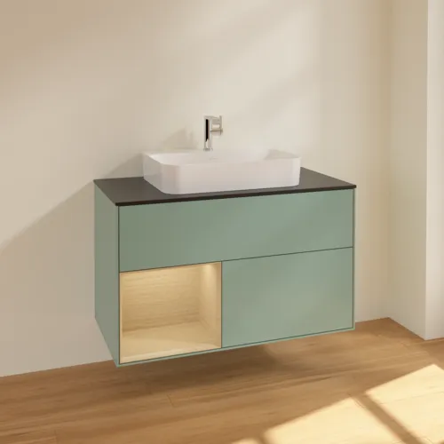 Bild von VILLEROY BOCH Finion Waschbeckenunterschrank, mit Beleuchtung, 2 Auszüge, 1000 x 603 x 501 mm, Olive Matt Lacquer / Oak Veneer / Glass Black Matt #F362PCGM