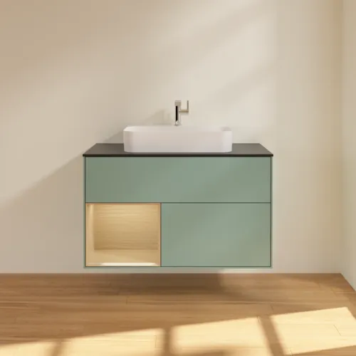 Bild von VILLEROY BOCH Finion Waschbeckenunterschrank, mit Beleuchtung, 2 Auszüge, 1000 x 603 x 501 mm, Olive Matt Lacquer / Oak Veneer / Glass Black Matt #F362PCGM