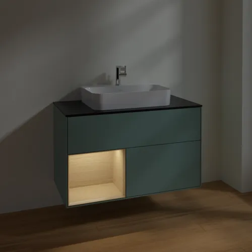 Bild von VILLEROY BOCH Finion Waschbeckenunterschrank, mit Beleuchtung, 2 Auszüge, 1000 x 603 x 501 mm, Olive Matt Lacquer / Oak Veneer / Glass Black Matt #F362PCGM