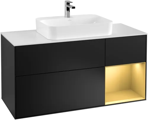 Bild von VILLEROY BOCH Finion Waschbeckenunterschrank, mit Beleuchtung, 3 Auszüge, 1200 x 603 x 501 mm, Black Matt Lacquer / Gold Matt Lacquer / Glass White Matt #F421HFPD