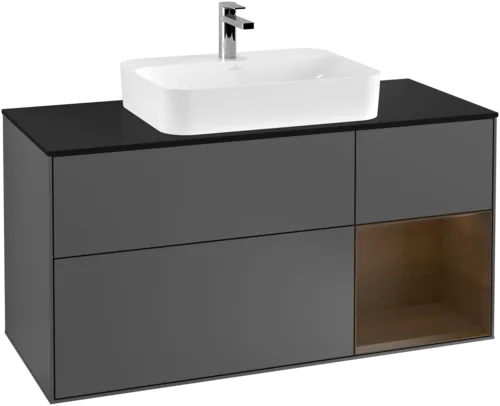 Bild von VILLEROY BOCH Finion Waschbeckenunterschrank, mit Beleuchtung, 3 Auszüge, 1200 x 603 x 501 mm, Anthracite Matt Lacquer / Walnut Veneer / Glass Black Matt #F422GNGK
