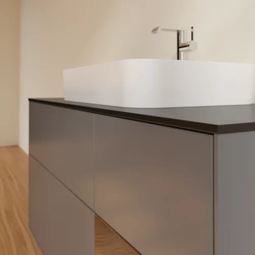 Obrázek VILLEROY BOCH Toaletní skříňka Finion, s osvětlením, 3 výsuvy, 1200 x 603 x 501 mm, antracitový matný lak / ořechová dýha / černé matné sklo #F422GNGK