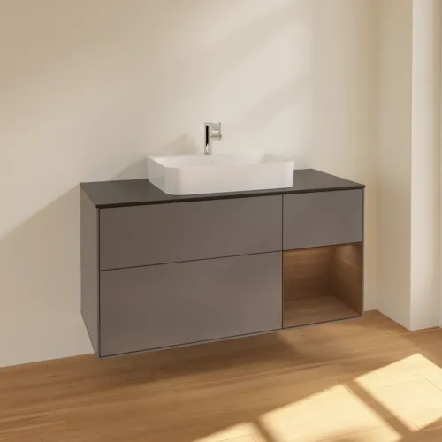 Obrázek VILLEROY BOCH Toaletní skříňka Finion, s osvětlením, 3 výsuvy, 1200 x 603 x 501 mm, antracitový matný lak / ořechová dýha / černé matné sklo #F422GNGK