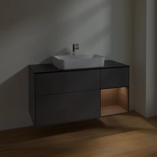 Obrázek VILLEROY BOCH Toaletní skříňka Finion, s osvětlením, 3 výsuvy, 1200 x 603 x 501 mm, antracitový matný lak / ořechová dýha / černé matné sklo #F422GNGK