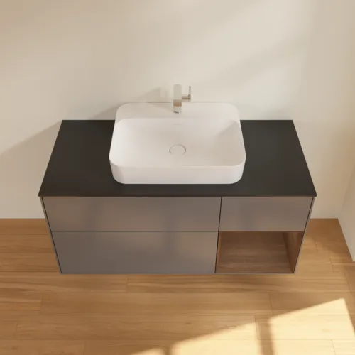 Obrázek VILLEROY BOCH Toaletní skříňka Finion, s osvětlením, 3 výsuvy, 1200 x 603 x 501 mm, antracitový matný lak / ořechová dýha / černé matné sklo #F422GNGK