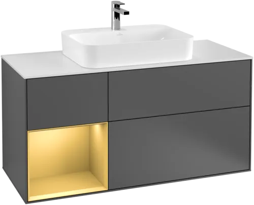 Bild von VILLEROY BOCH Finion Waschbeckenunterschrank, mit Beleuchtung, 3 Auszüge, 1200 x 603 x 501 mm, Anthracite Matt Lacquer / Gold Matt Lacquer / Glass White Matt #F411HFGK