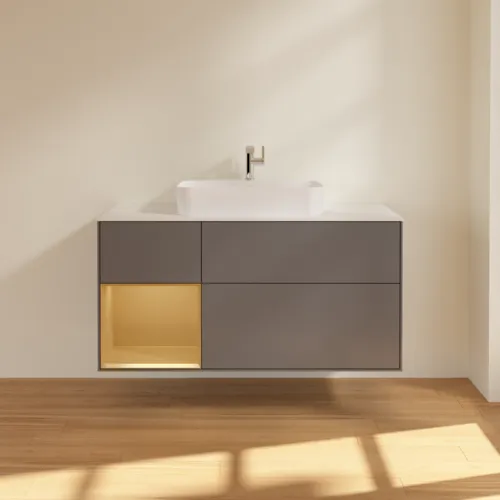 Bild von VILLEROY BOCH Finion Waschbeckenunterschrank, mit Beleuchtung, 3 Auszüge, 1200 x 603 x 501 mm, Anthracite Matt Lacquer / Gold Matt Lacquer / Glass White Matt #F411HFGK