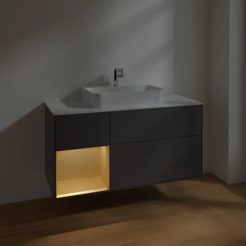 Bild von VILLEROY BOCH Finion Waschbeckenunterschrank, mit Beleuchtung, 3 Auszüge, 1200 x 603 x 501 mm, Anthracite Matt Lacquer / Gold Matt Lacquer / Glass White Matt #F411HFGK
