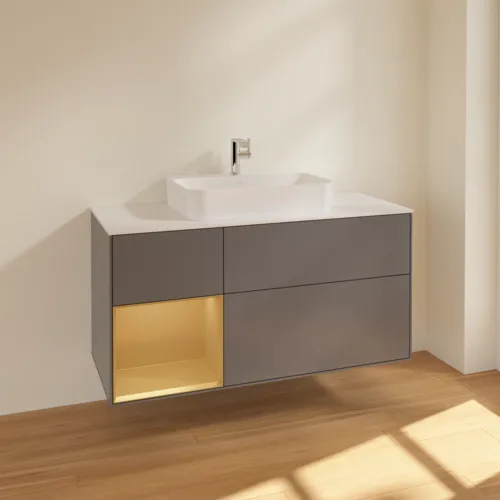 Bild von VILLEROY BOCH Finion Waschbeckenunterschrank, mit Beleuchtung, 3 Auszüge, 1200 x 603 x 501 mm, Anthracite Matt Lacquer / Gold Matt Lacquer / Glass White Matt #F411HFGK